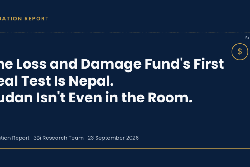 Navy-and-gold editorial graphic showing a dotted line connecting Nepal and Sudan with an abstract fund icon, illustrating the UN Loss and Damage Fund's first real test in Nepal and Sudan's absence from its pipeline.
