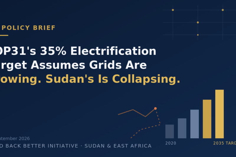 Navy blue editorial graphic with a gold ascending bar chart and a broken declining line, titled: COP31's 35% Electrification Target Assumes Grids Are Growing. Sudan's Is Collapsing. A 3Bi Policy Brief dated 24 September 2026.