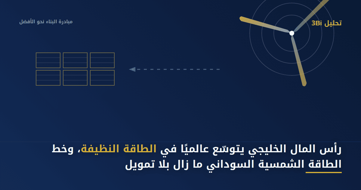 رسم تخطيطي مجرد بالألوان الكحلي والذهبي والرمادي يُظهر توربين رياح مرتبطًا بخط متقطع بشبكة ألواح شمسية خافتة وغير موصولة، يرمز إلى توسّع رأس المال الخليجي في مشاريع الطاقة النظيفة عالميًا بينما يظل خط الطاقة الشمسية في السودان بلا تمويل.