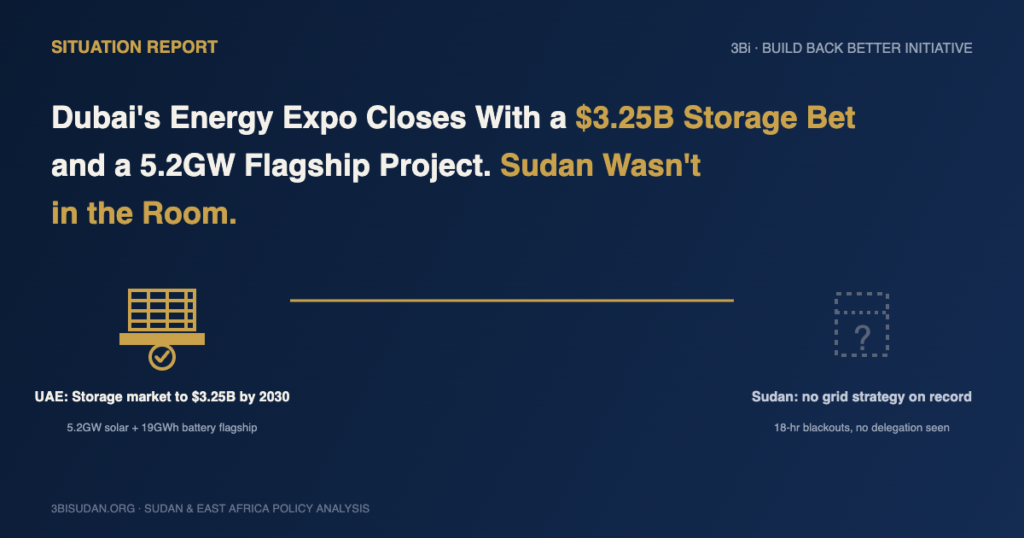 Illustration contrasting a gold solar-and-battery icon labeled 'UAE: storage market to $3.25B by 2030' with a dashed grey question-mark icon labeled 'Sudan: no grid strategy on record.'