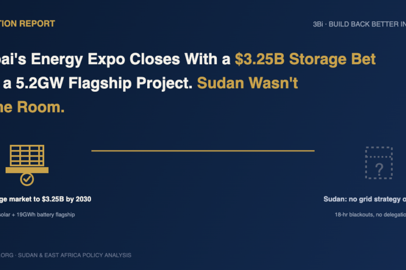 Illustration contrasting a gold solar-and-battery icon labeled 'UAE: storage market to $3.25B by 2030' with a dashed grey question-mark icon labeled 'Sudan: no grid strategy on record.'