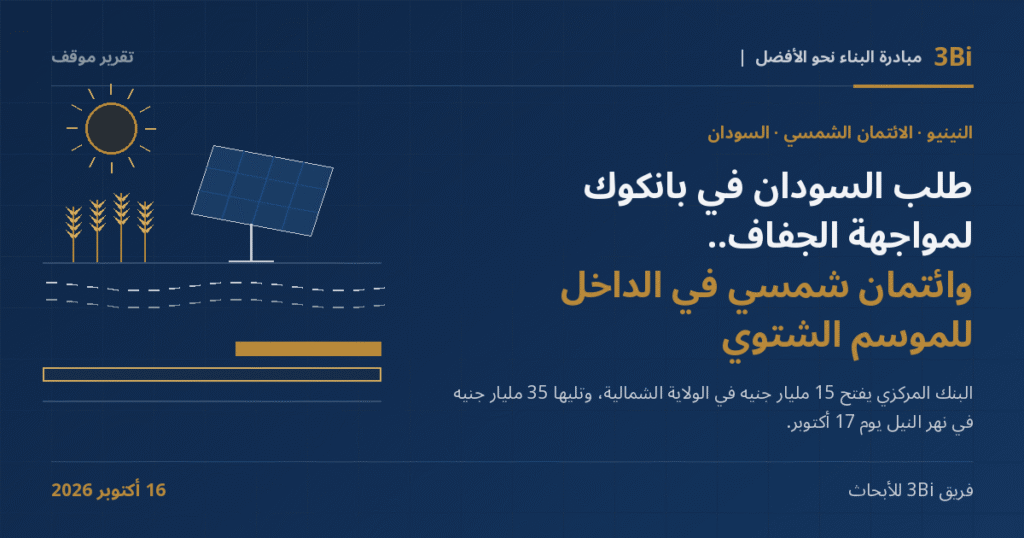 غلاف تقرير موقف من 3Bi بخلفية كحلية: عنوان «طلب السودان في بانكوك لمواجهة الجفاف.. وائتمان شمسي في الداخل للموسم الشتوي» بجانب رسم خطي لشمس، ولوح شمسي مائل على حامل، وسنابل قمح ذهبية، وخطوط متقطعة لقناة ري، وشريطين أفقيين أقصرهما مملوء بالذهبي.