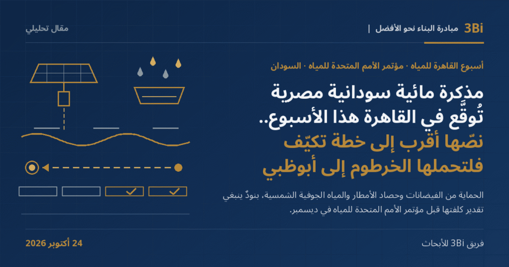 غلاف مقال تحليلي من 3Bi بخلفية كحلية: عنوان «مذكرة مائية سودانية مصرية تُوقَّع في القاهرة هذا الأسبوع.. نصّها أقرب إلى خطة تكيّف فلتحملها الخرطوم إلى أبوظبي» بجانب رسم خطي ذهبي ورمادي لقطرات مطر فوق حوض تجميع، ولوح شمسي فوق بئر، وخط نهر متموّج، ومسار متقطع من نقطة صغيرة إلى دائرة محاطة بحلقة، وصف من أربعة مربعات أول اثنين منها عليهما علامة صح.