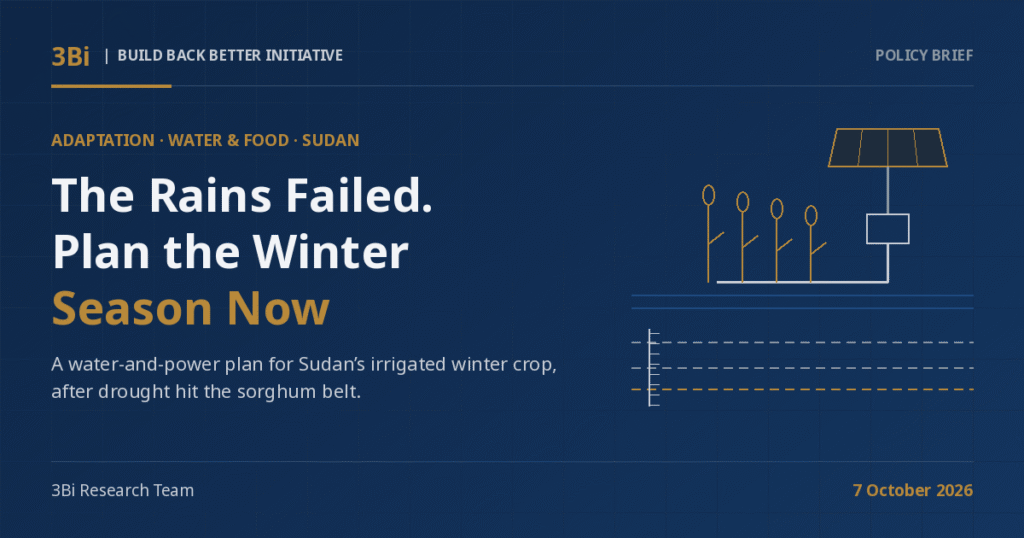 3Bi Policy Brief cover on a navy background: the headline 'The Rains Failed. Plan the Winter Season Now' beside a line drawing of a solar panel powering a pump, sorghum stalks by a canal, and dashed river-level lines that step downward.