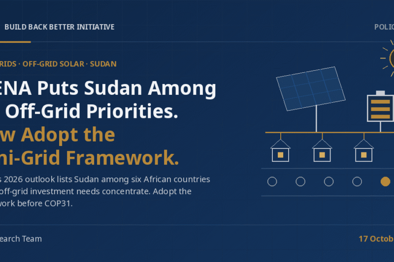 3Bi Policy Brief cover on a navy background: the headline 'IRENA Puts Sudan Among Six Off-Grid Priorities. Now Adopt the Mini-Grid Framework.' beside abstract line-art of a sun, a tilted solar panel, a battery, four small houses with lit gold windows linked by a gold line, and a row of six circles with one filled in gold.