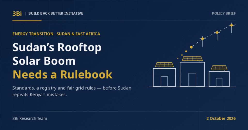 3Bi Policy Brief cover on a navy background: the headline 'Sudan's Rooftop Solar Boom Needs a Rulebook' beside a line drawing of three houses with gold solar panels and a dashed power line that stops short of them.