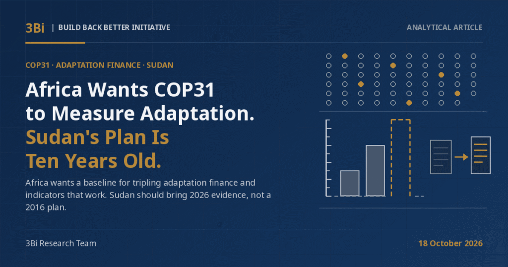 3Bi Analytical Article cover on a navy background: the headline 'Africa Wants COP31 to Measure Adaptation. Sudan's Plan Is Ten Years Old.' beside abstract line-art of a grid of indicator dots with a few in gold, three rising bars with the tallest outlined in dashed gold above a broken baseline, and a faded document with an arrow to a new gold-lined page.