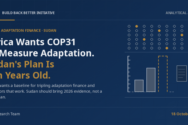 3Bi Analytical Article cover on a navy background: the headline 'Africa Wants COP31 to Measure Adaptation. Sudan's Plan Is Ten Years Old.' beside abstract line-art of a grid of indicator dots with a few in gold, three rising bars with the tallest outlined in dashed gold above a broken baseline, and a faded document with an arrow to a new gold-lined page.