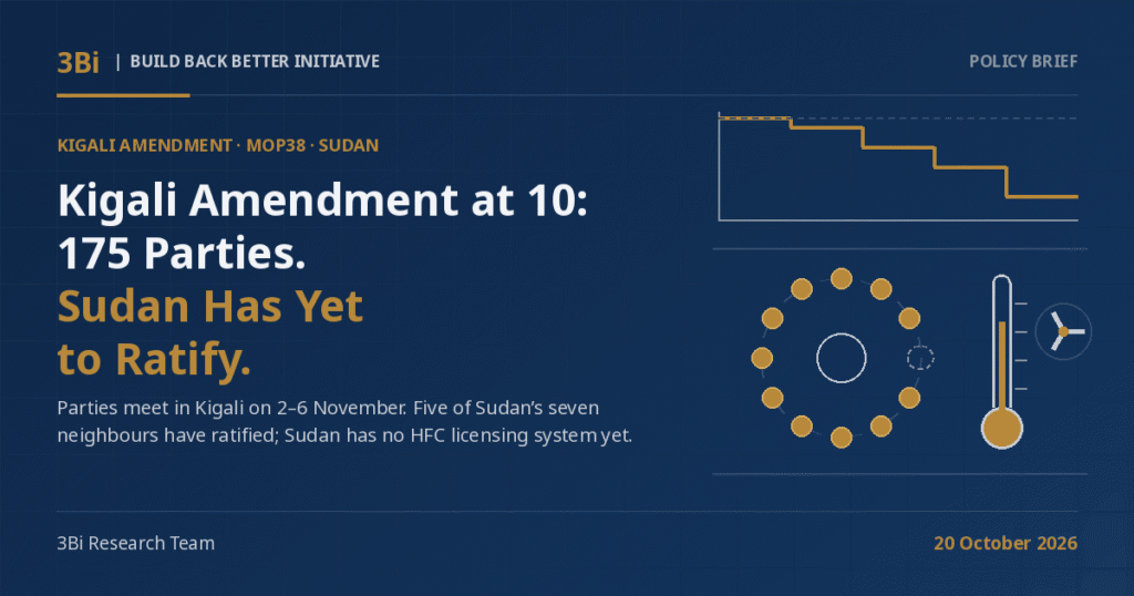 3Bi Policy Brief cover on a navy background: the headline 'Kigali Amendment at 10: 175 Parties. Sudan Has Yet to Ratify.' beside abstract line-art of a gold line stepping down in five stages above a grey baseline, a ring of twelve nodes with eleven filled gold and one dashed and empty, and a thermometer with a gold column beside a three-blade fan.