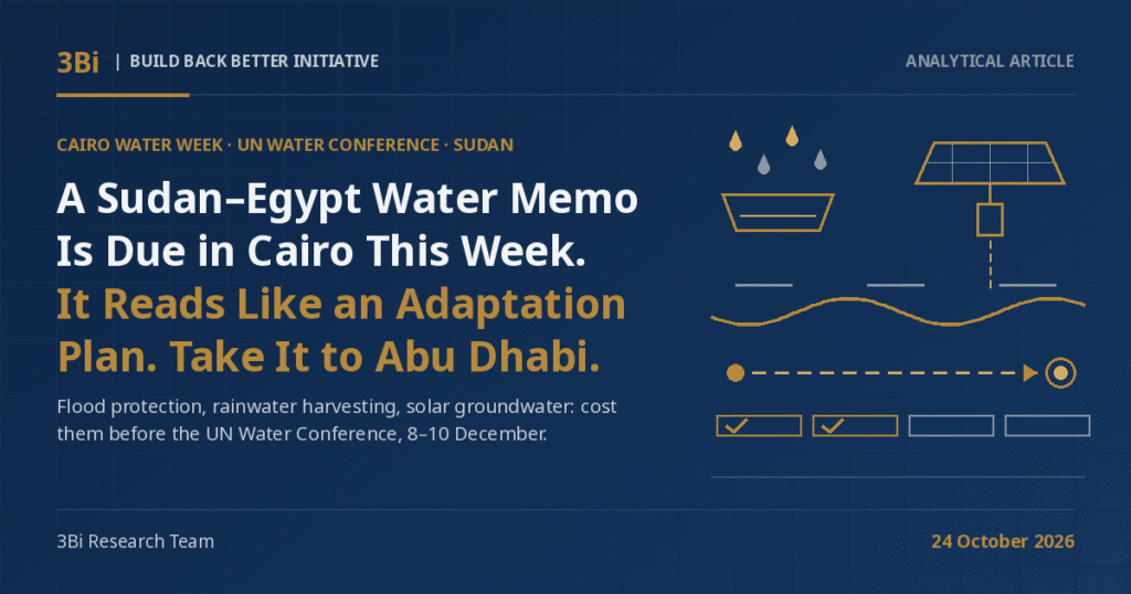 3Bi Analytical Article cover on a navy background: the headline 'A Sudan–Egypt Water Memo Is Due in Cairo This Week. It Reads Like an Adaptation Plan. Take It to Abu Dhabi.' beside abstract gold and grey line-art of rain drops over a collection basin, a solar panel above a well shaft, a wavy river line, a dashed path from a small node to a ringed node, and a row of four boxes with the first two ticked.