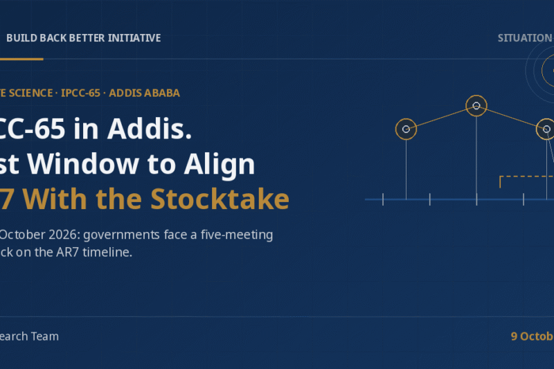 3Bi Situation Report cover on a navy background: the headline 'IPCC-65 in Addis. Last Window to Align AR7 With the Stocktake' beside abstract gold timeline nodes linked above a horizontal axis, with a dashed stocktake bracket and concentric rings.