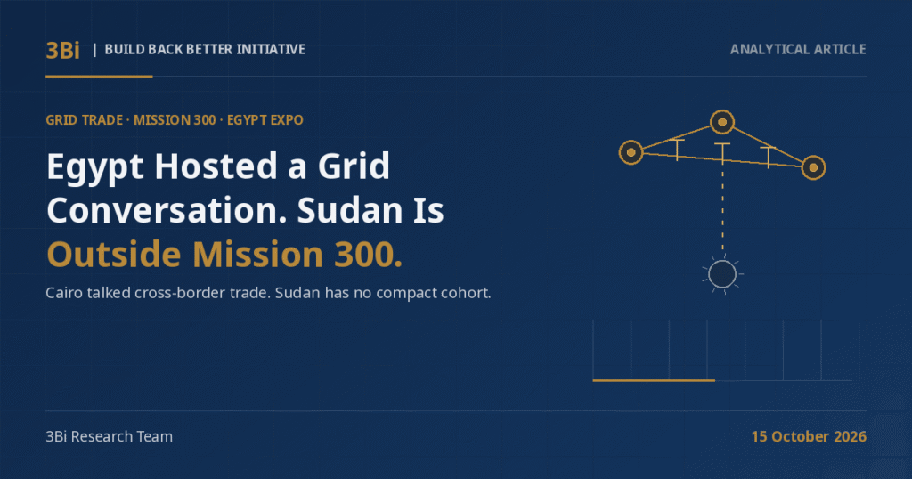 3Bi Analytical Article cover on a navy background: the headline 'Egypt Hosted a Grid Conversation. Sudan Is Outside Mission 300.' beside abstract line-art of three connected gold transmission hubs and one dashed missing link to an empty fourth node.