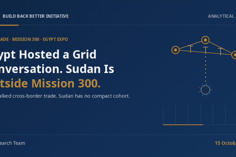 3Bi Analytical Article cover on a navy background: the headline 'Egypt Hosted a Grid Conversation. Sudan Is Outside Mission 300.' beside abstract line-art of three connected gold transmission hubs and one dashed missing link to an empty fourth node.