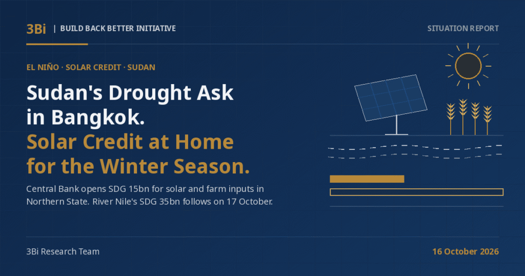 3Bi Situation Report cover on a navy background: the headline 'Sudan's Drought Ask in Bangkok. Solar Credit at Home for the Winter Season.' beside abstract line-art of a sun, a tilted solar panel on a stand, gold wheat stalks, dashed irrigation canal lines, and two horizontal bars, the shorter filled in gold.